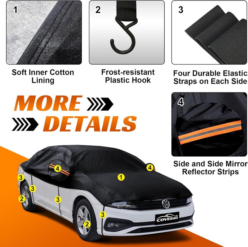 COVERRA غطاء سيارة نصف مخصص للسيدان، غطاء واقي من البرد مع بطانة قطنية، غطاء للسقف الزجاجي والزجاج الأمامي للثلج والجليد، غطاء جسم السيارة لجميع الأحوال الجوية للشمس، المطر، والغبار - Image 4